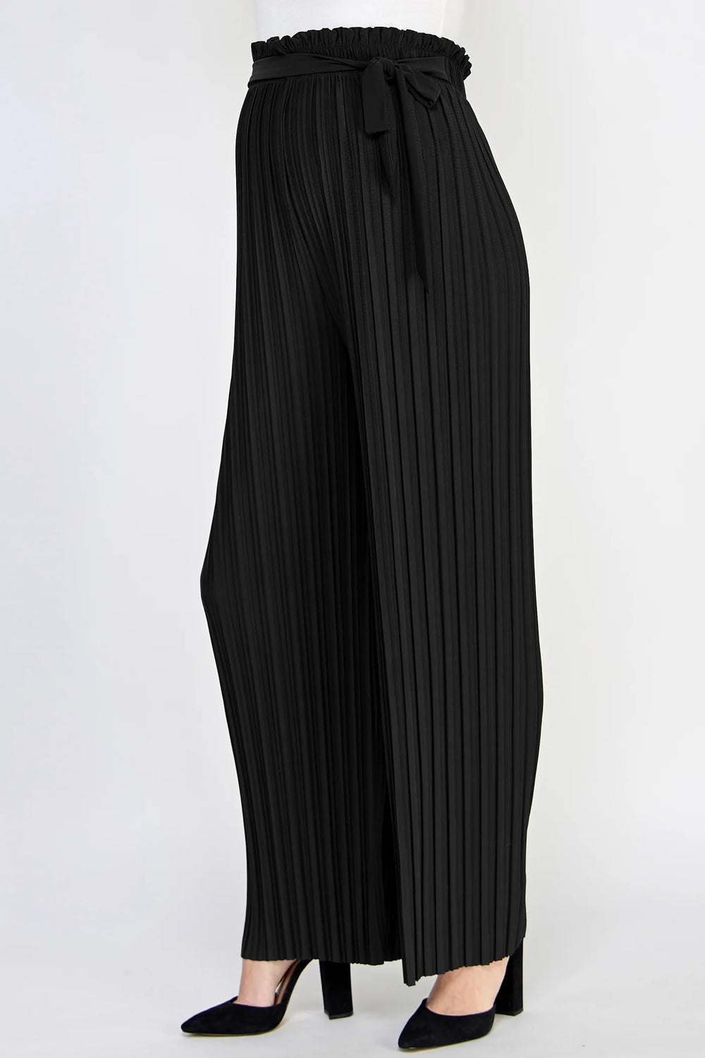 Pleated Wide Maternity Pants with Belt Tie