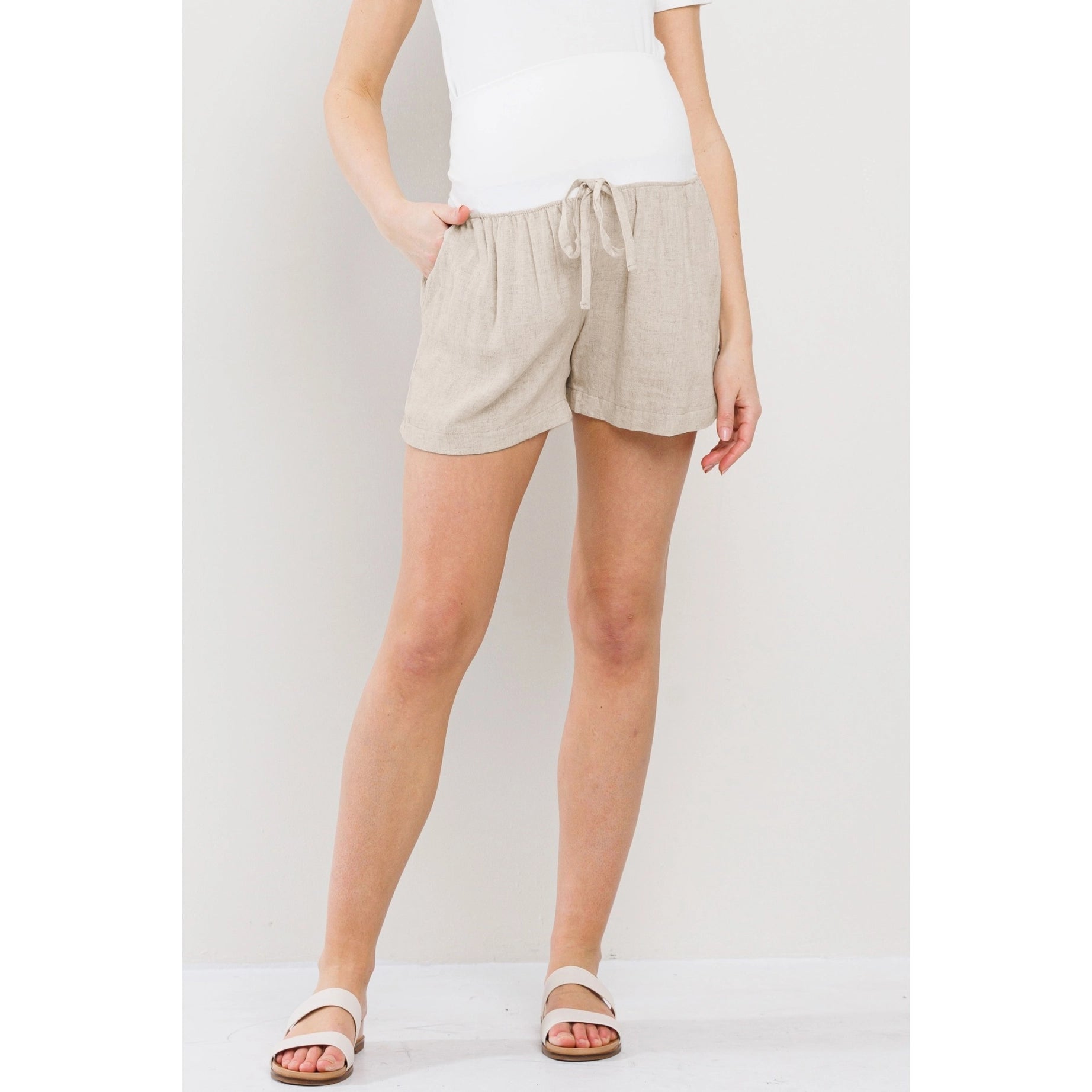 Solid Maternity Shorts with Pockets and Drawstring