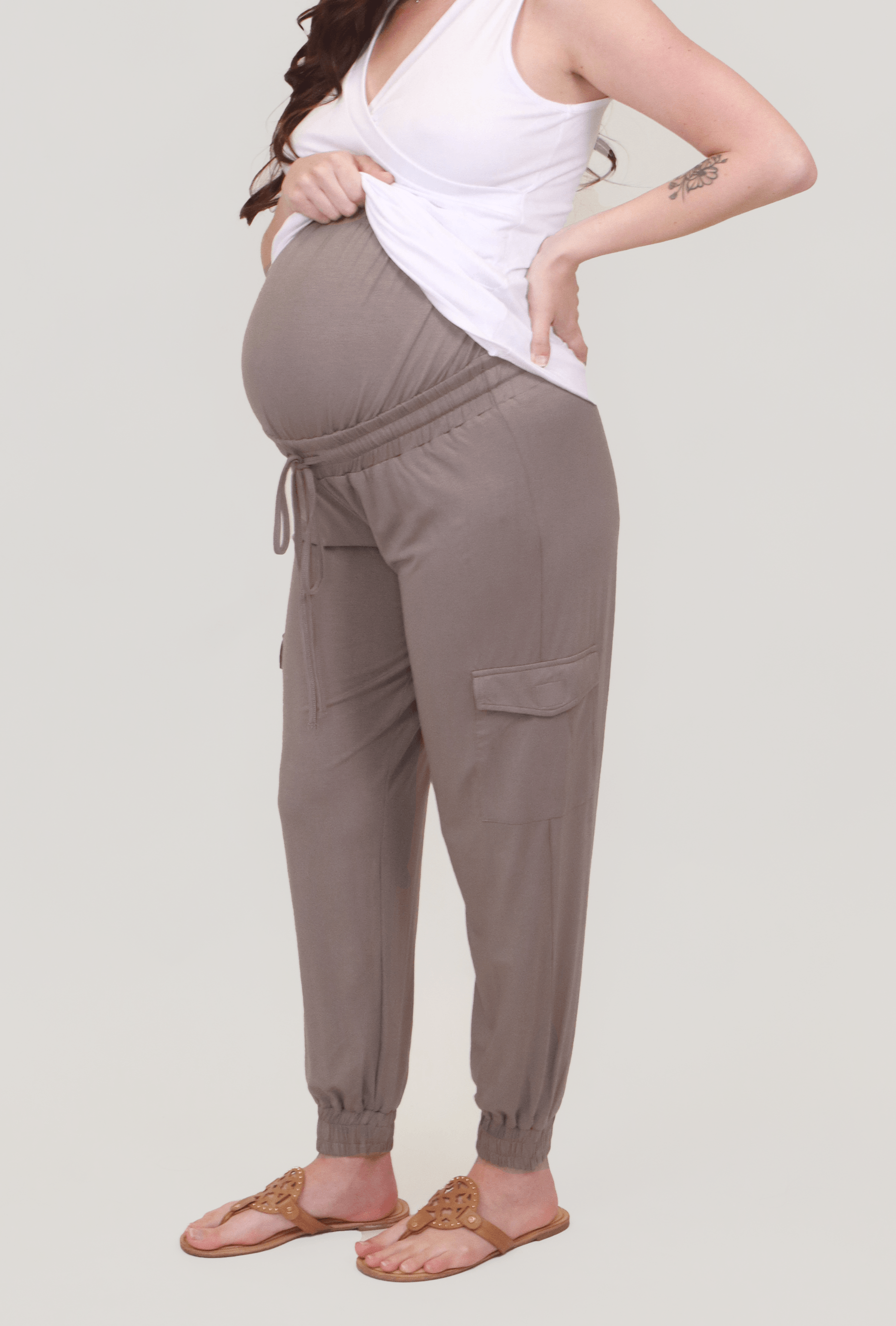 Addison Maternity Cargo Maternity Pants in Taupe