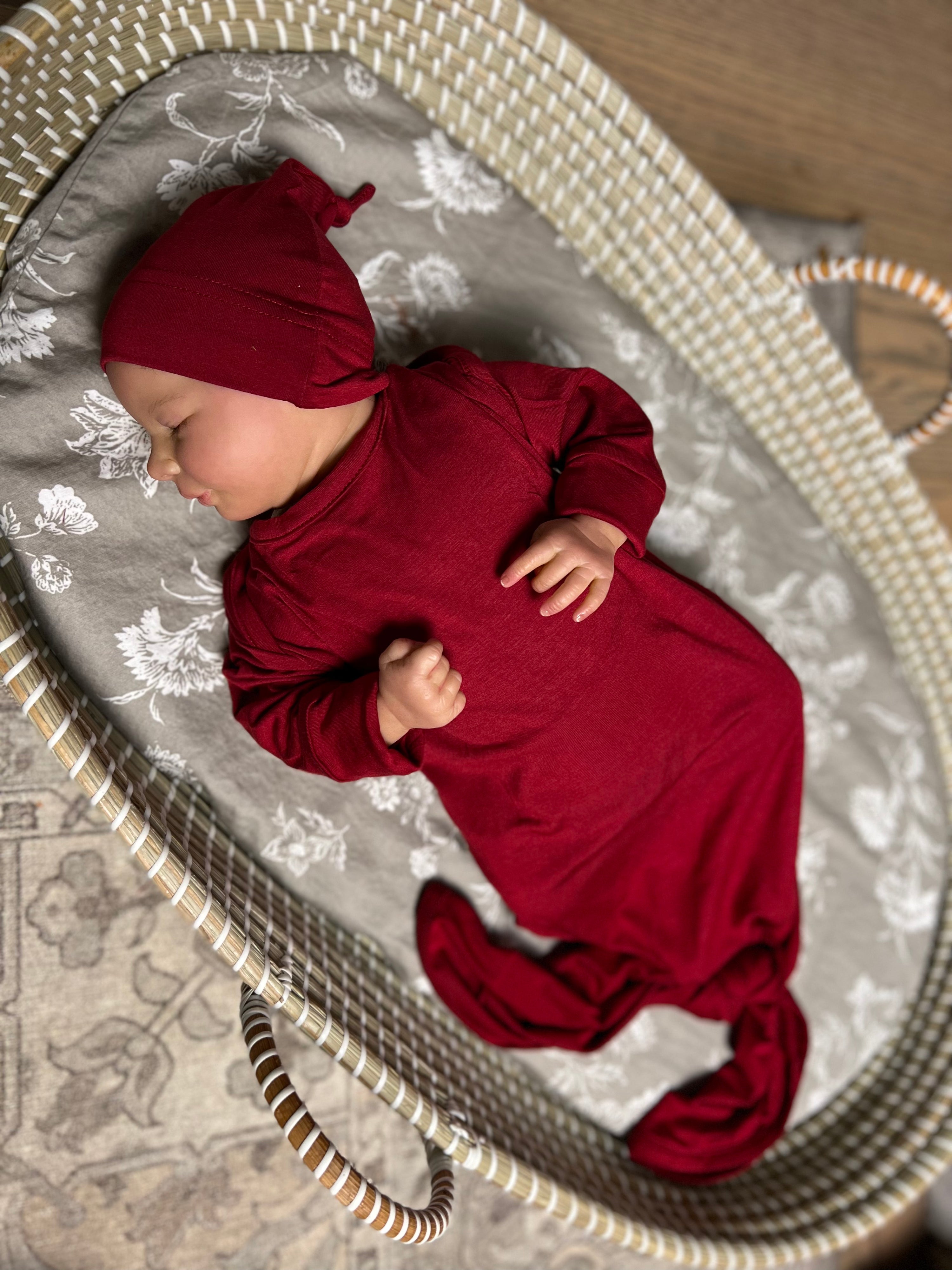 Baby Knot Gown and Hat Set: Crimson